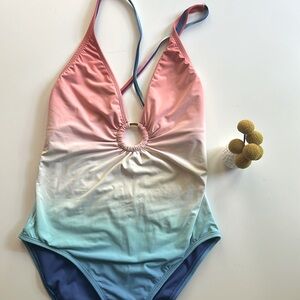 Bleu by Rod Beattie Firecracker Ombré Plunge One Piece Swimsuit Size 8
